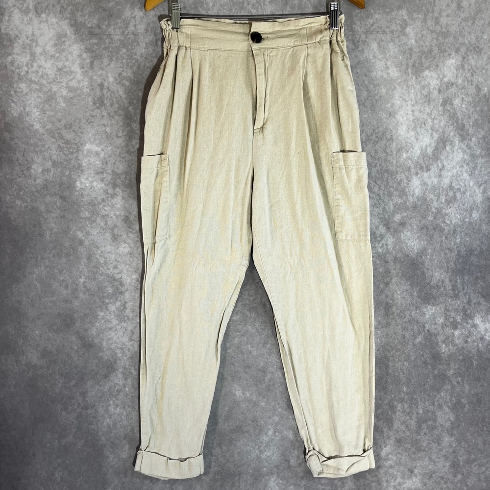 Zara Linen Blend Cargo Pants Womens 4 Beige Pleated High Rise Tapered Trousers